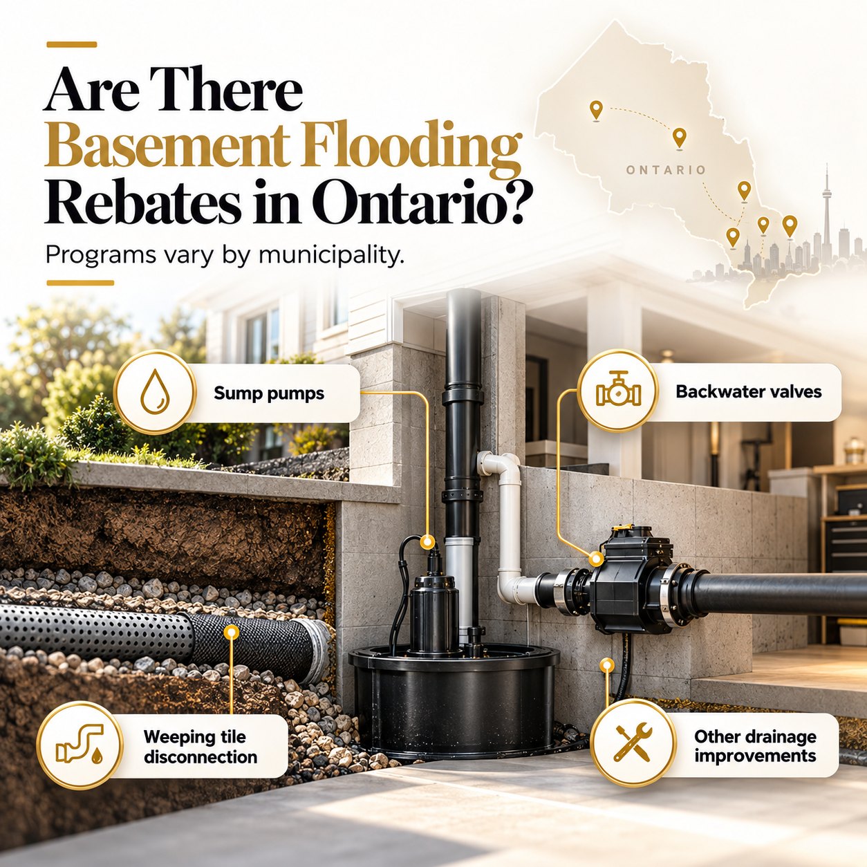Ontario basement flooding rebates infographic showing sump pumps, backwater valves, weeping tile disconnection and drainage improvements